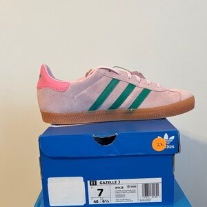 Adidas Gazelle J Pink with Green Stripes